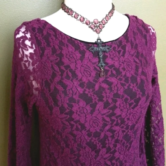 Elan Boho Bell Sleeve Scoop Back Lace Tunic Top Large - Picture 5 of 11